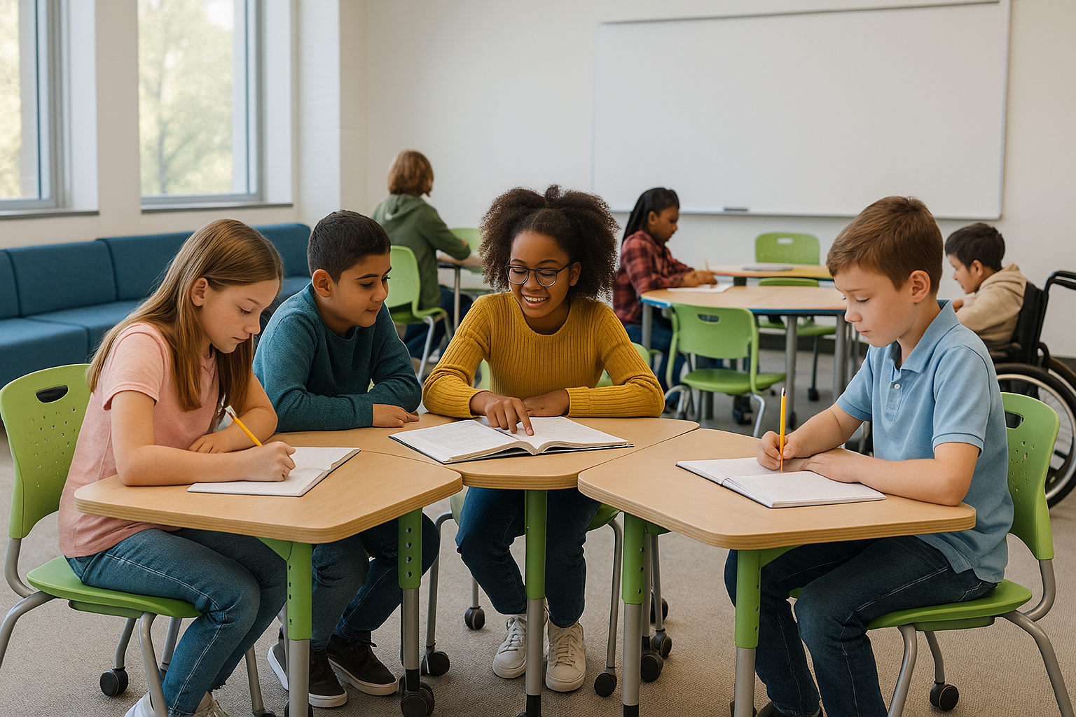 Bambini seduti ai banchi in un'aula di scuola