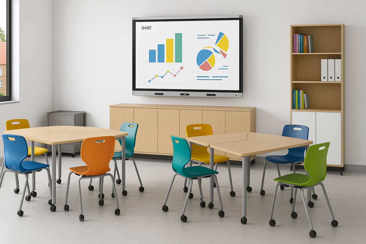 Aula di scuola con diversi arredi scolastici