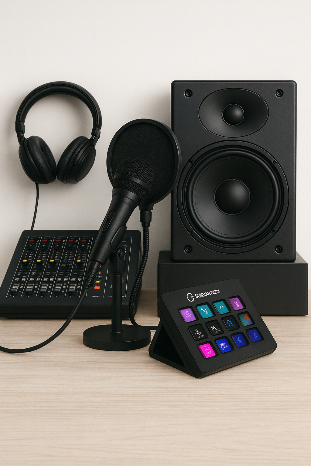 Diversi dispositivi elettronici per audio e podcast : cuffie, microfono, mixer, casse.
