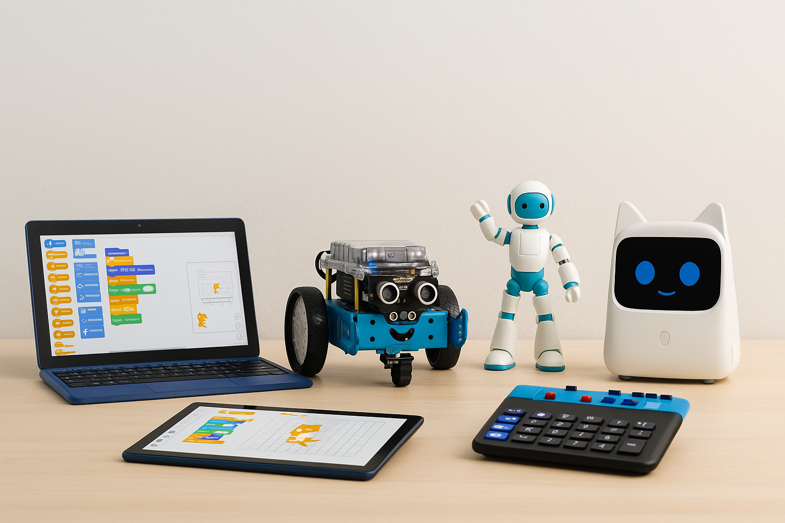 Due tablet, un robot di plastica, una calcolatrice