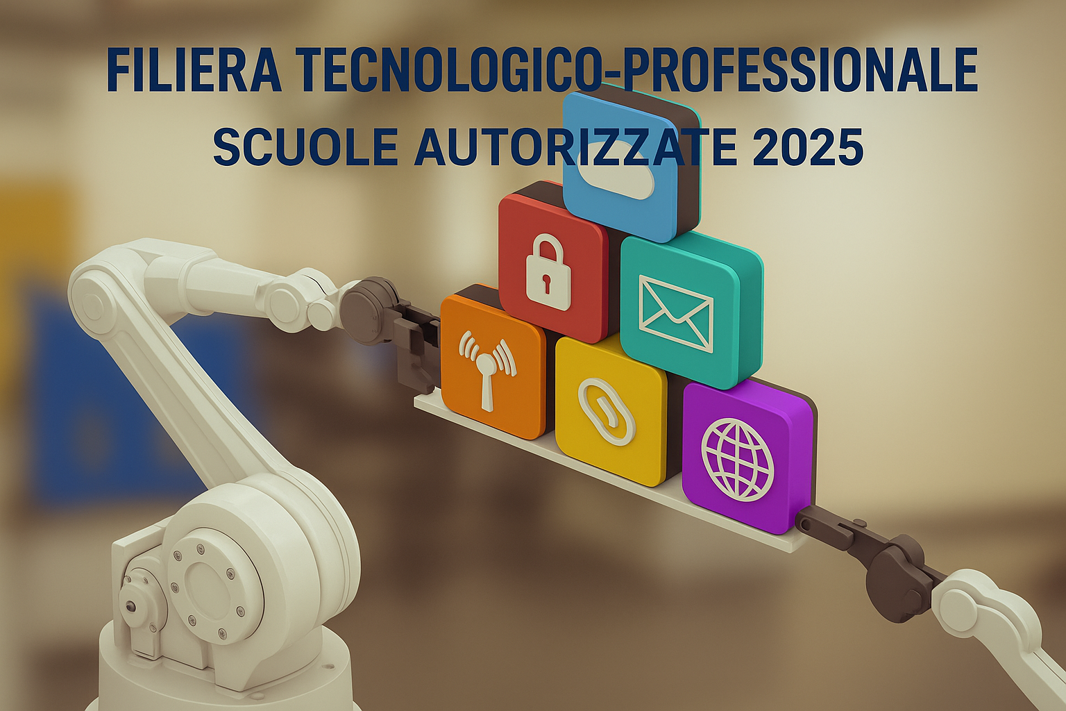 Braccio robotico che lavora con dei cubi che hanno simboli scritti sopra