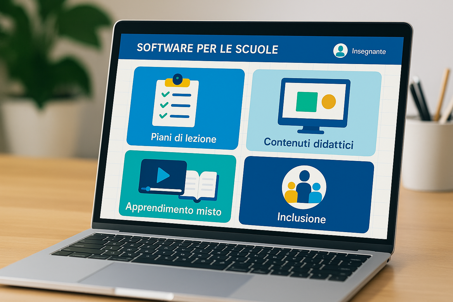 Laptop aperto con schermo acceso su "Software per scuole"