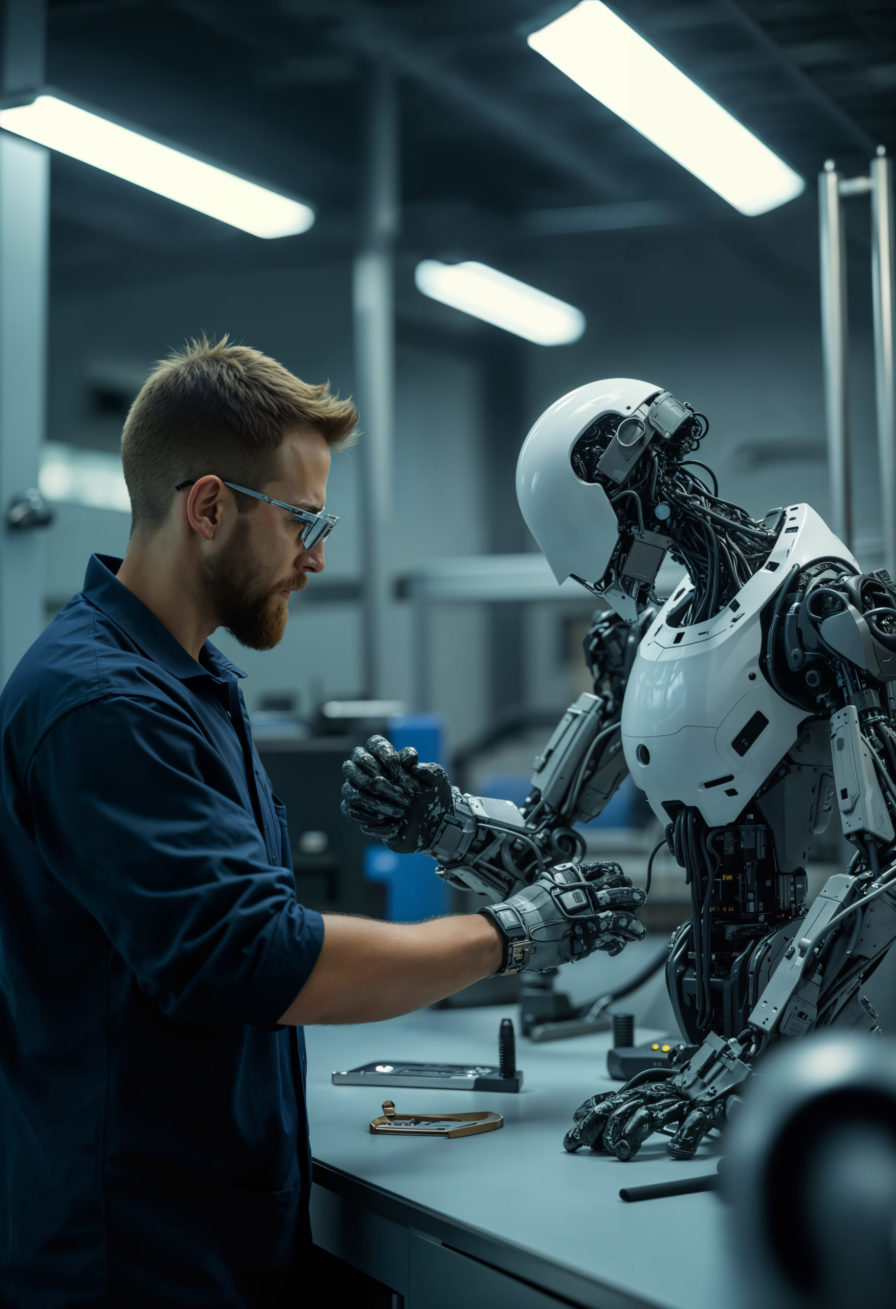 Uomo che costruisce un robot