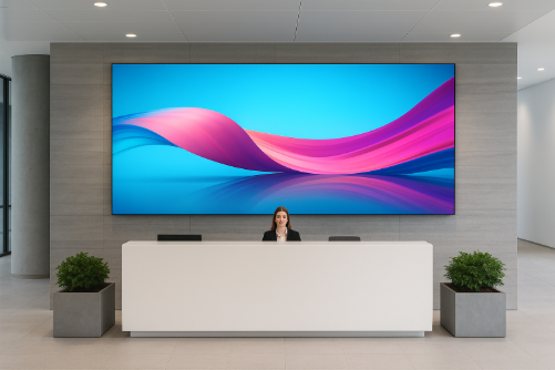 Sportello d'ingresso di un'azienda con un grande led wall alle spalle
