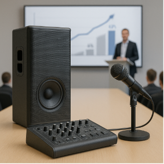 Diversi dispositivi elettronici per audio e podcast : microfono, mixer, casse.