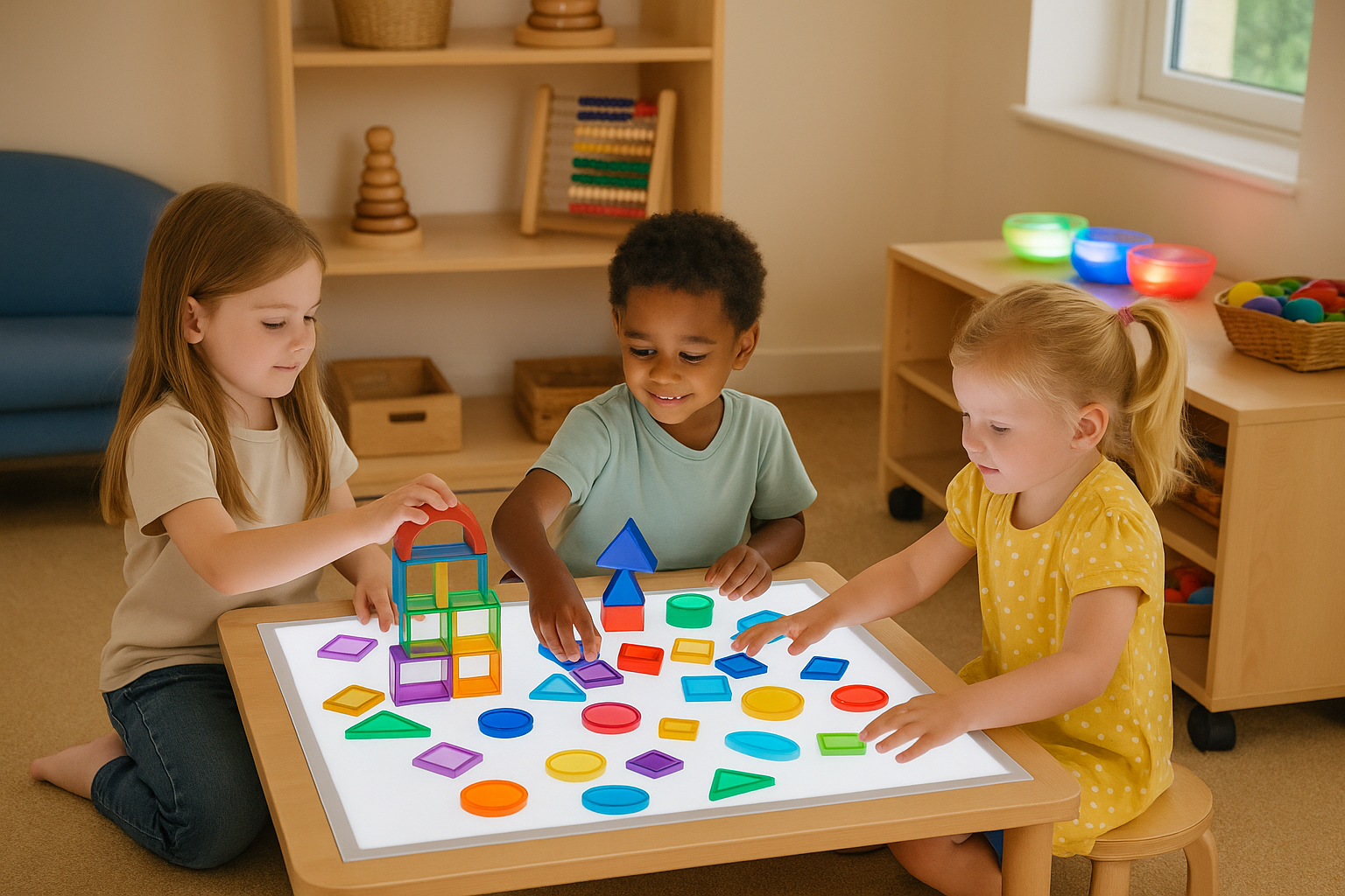 Bambini che sperimentano luce e colore su tavolo luminoso con forme traslucide Commotion