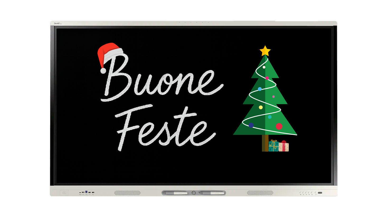 monitor MX con scritta Buone Feste