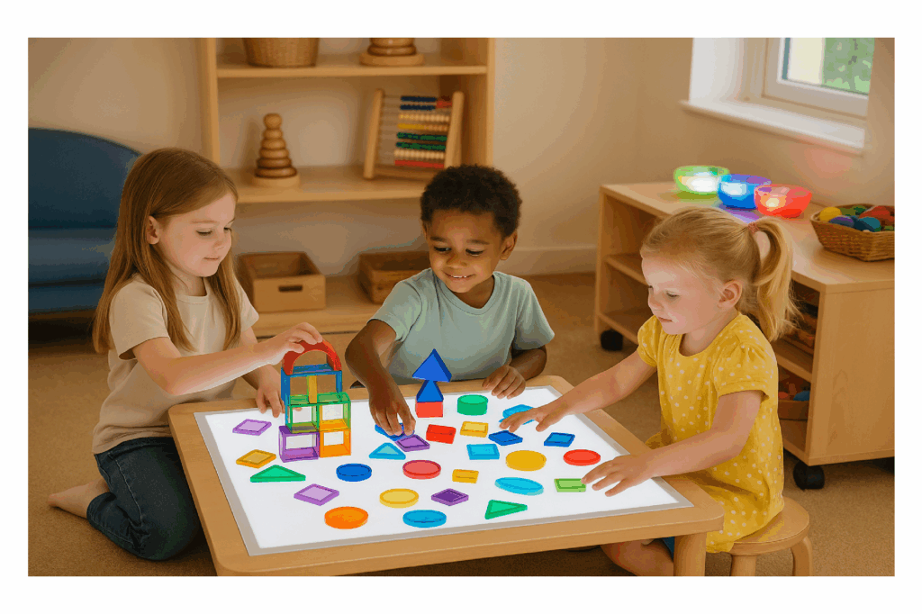 bambini che giocano con costruzioni su tavolo luminoso