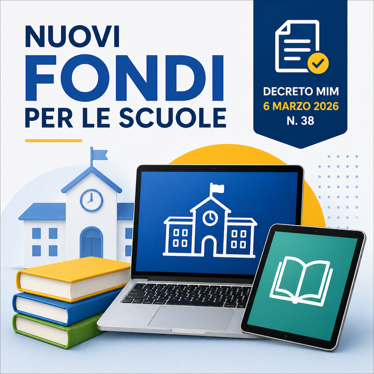 Grafica che rappresenta fondi per le scuole con computer, tablet e libri, con riferimento al decreto ministeriale del 6 marzo 2026.
