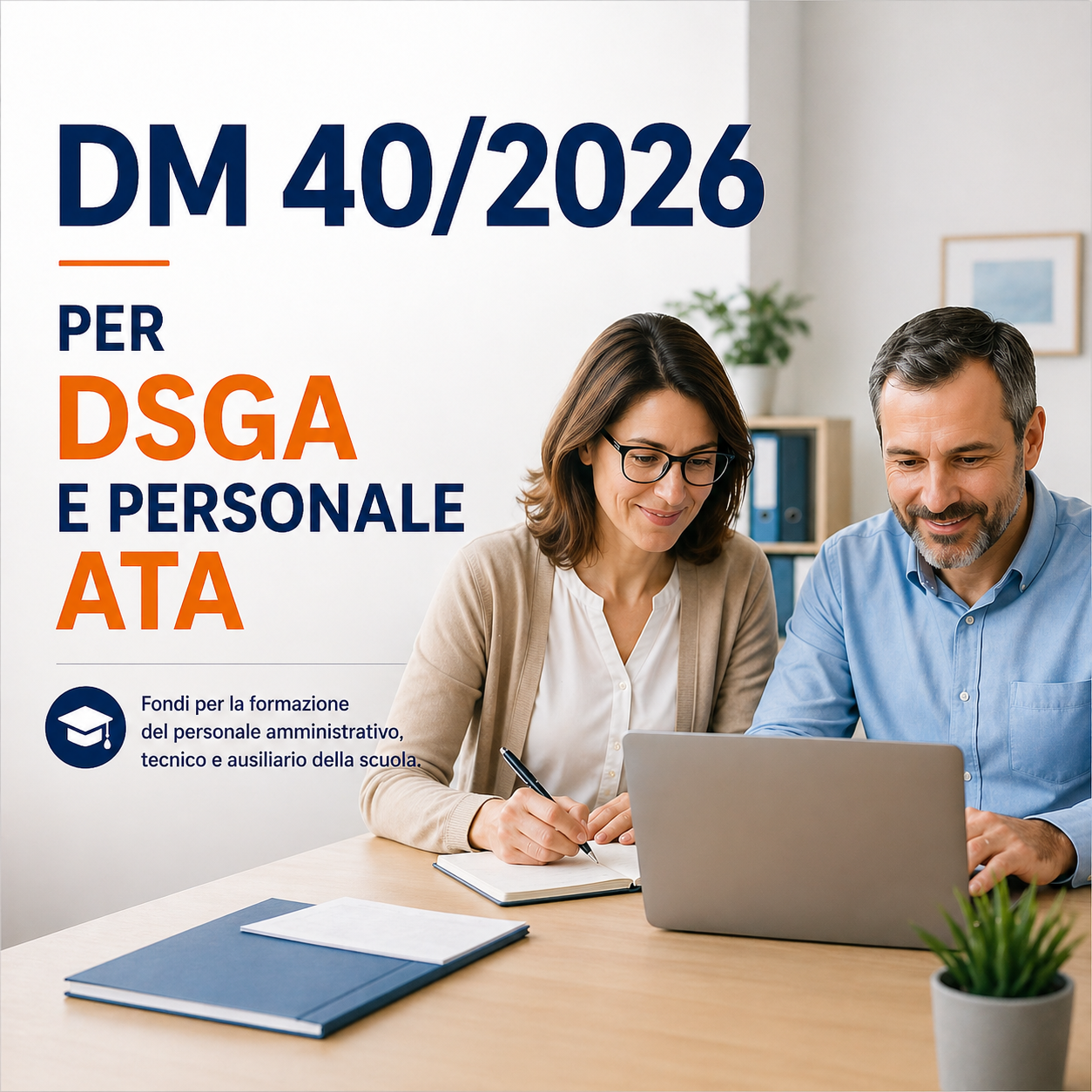Due persone lavorano insieme a un computer in un ufficio. Accanto è presente il testo “DM 40/2026 per DSGA e personale ATA” e un riferimento ai fondi per la formazione del personale scolastico amministrativo, tecnico e ausiliario.