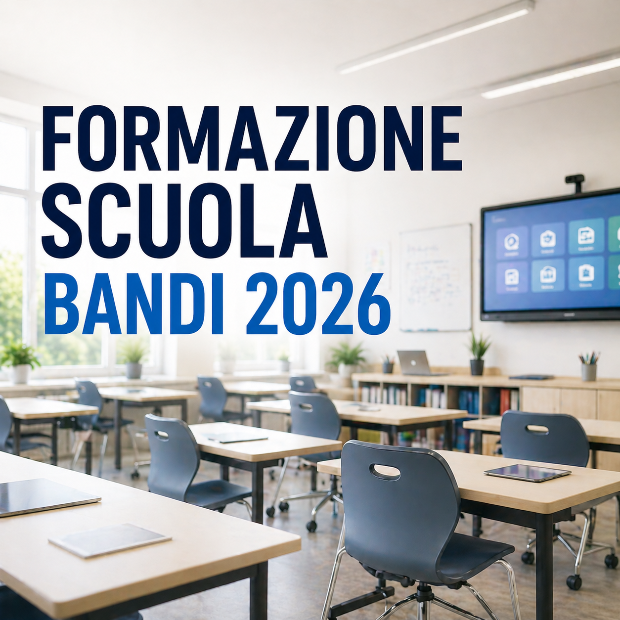 Aula scolastica moderna con banchi e monitor digitale, con testo “Formazione scuola – bandi 2026”.