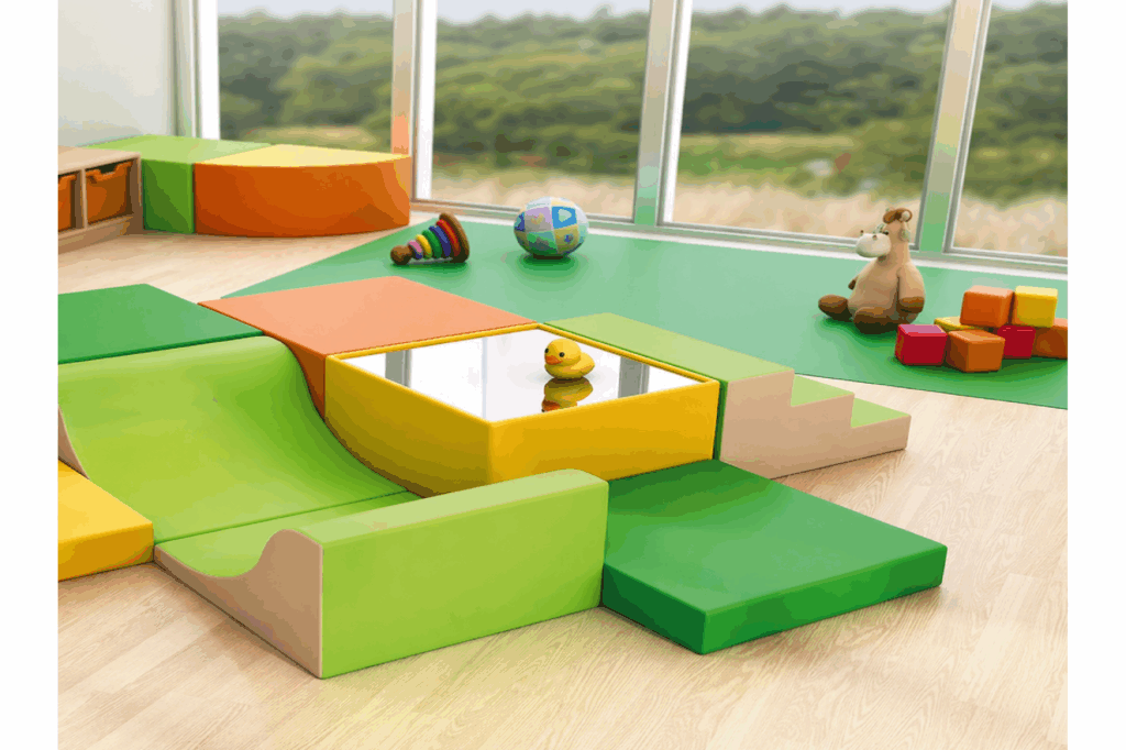 stanza con giochi per l'infanzia e arredi morbidi