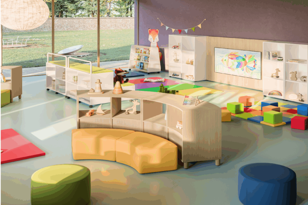 aula infanzia arredata con morbidi, armadi e giochi per bambini