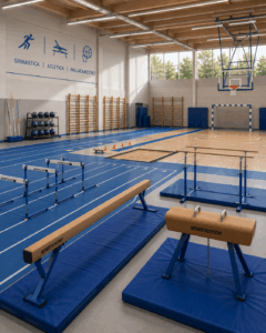 palestra scolastica attrezzata con spalliere, canestro e attrezzatura sportiva varia