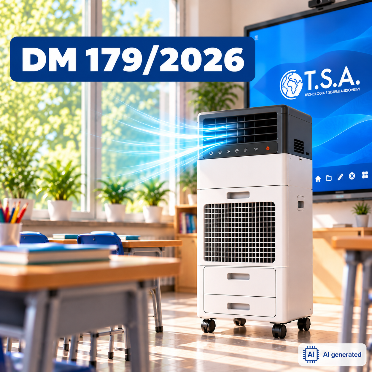 DM 179/2026 – Climatizzatore portatile in un’aula scolastica con monitor interattivo. Soluzioni per il raffrescamento delle scuole. Immagine generata con AI